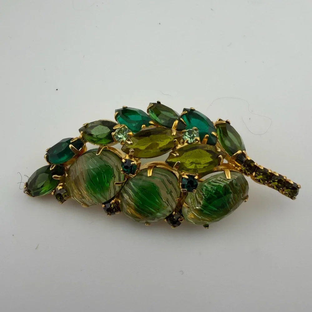 Vintage Reverse Carved Givre Rhinestone Leaf Brooch Statement Pin